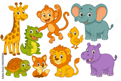 Cute cartoon baby animals set. Collection of funny zoo and safari characters. Giraffe, lion, elephant, monkey, hippo, fox, crocodile vector illustration for kids design.