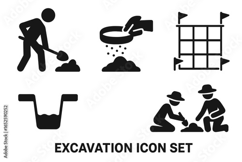 Excavation icon set. Archaeology process symbols. Digging man with shovel, sifting soil with sieve, site grid, trench. Archaeologist team at work. Solid glyph vector.