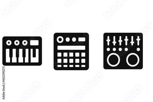 Electronic music equipment icon set. Vector symbols of a synthesizer, drum machine, and DJ mixer. Solid glyphs for music production, sound design, and audio gear concepts.