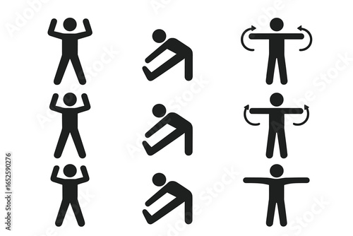 Exercise icon set. Solid black pictogram collection of warm-up and cool-down fitness movements. Jumping jacks, hamstring stretch, arm circles. Vector stick figure people.