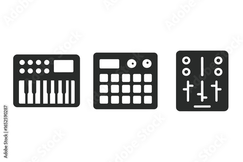 Electronic music equipment solid icon set. Vector glyphs of a synthesizer, drum machine, sampler, and DJ mixer for music production, beat making, and professional sound design.