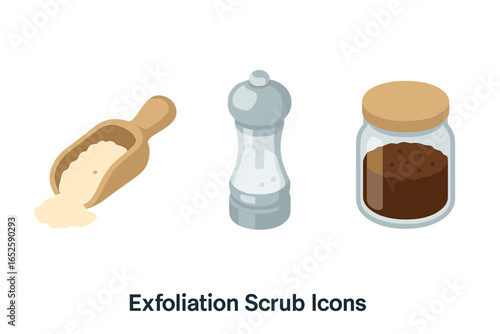 Isometric exfoliation scrub icons. Vector illustration of natural beauty care ingredients. Homemade cosmetic for skincare. Sugar scoop, salt grinder, coffee grounds jar.