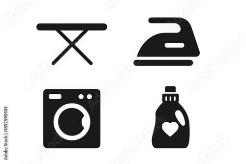 Fabric care solid icon set. Laundry service vector glyphs. Washing machine, iron, ironing board, and detergent bottle symbols for housework and cleaning themes. Simple black pictograms.