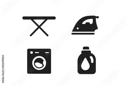 Laundry and fabric care solid icon set. Washing machine, iron, ironing board, detergent bottle glyphs. Household chores and cleaning service symbols. Vector pictograms.