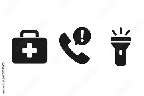 Emergency preparedness solid glyph icon set. First aid kit, medical bag, emergency call, and flashlight symbols. Vector illustration for survival, safety, and disaster alert.