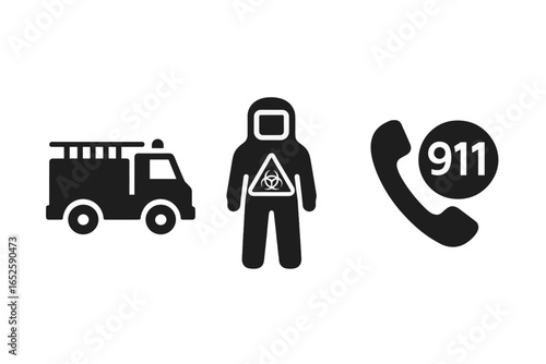 Emergency response icon set with fire truck, hazmat suit biohazard symbol, and 911 phone call. Vector graphics for disaster relief, chemical spills, firefighter, rescue, safety.