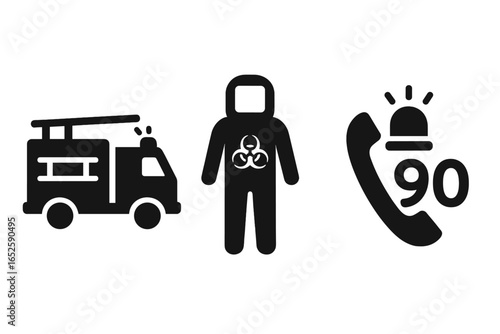 Emergency response solid icon set. Fire truck, firefighter rescue vehicle. Man in hazmat suit with biohazard symbol for chemical protection. Emergency call safety alert.