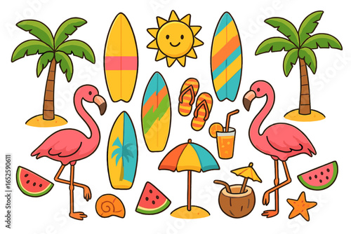 Summer beach symbols set. Tropical vacation icons collection. Cute cartoon flamingo, palm tree, surfboard, sun, watermelon, cocktail. Vector holiday doodle illustration.