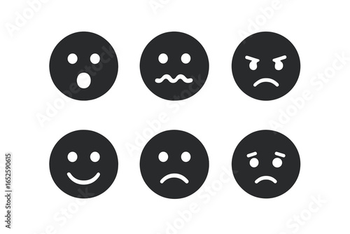 Emotional icon set. Solid glyph emoji collection. Facial expressions for feedback, mood, and mental state. Includes happy, sad, angry, surprised, confused, and fearful faces.