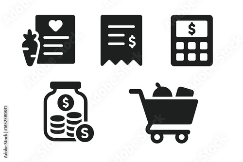 Grocery budget icon set. Family meal planning, food shopping finance concept. Solid vector icons of receipt, savings jar, calculator, shopping list, cart. Money saving.