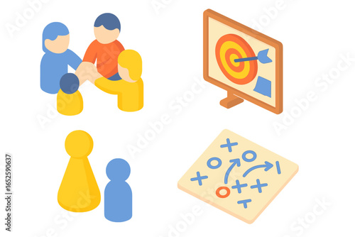 Isometric icons for business teamwork and strategy. Cooperative team huddle, goal achievement target, strategic planning, and partnership concept. Vector illustration set.