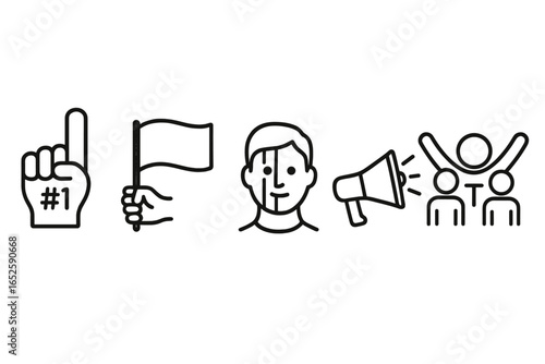 Fan celebration outline icon set for sports events. Vector illustration of supporter elements: foam finger, team flag, fan with face paint, cheering megaphone, crowd.