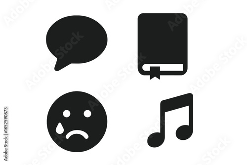 Mental health vector icon set for psychological expression. Sad emotion, crying face, therapy talk bubble, music, and mood journal for processing feelings. Coping concept.