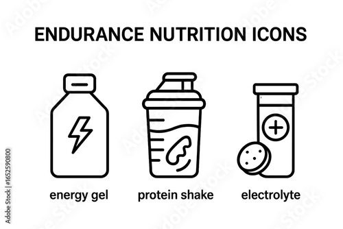 Endurance nutrition icons. Outline icon set for athletes with energy gel, protein shake, electrolyte tablet. Vector for sport, fitness, workout, running, marathon, supplement.