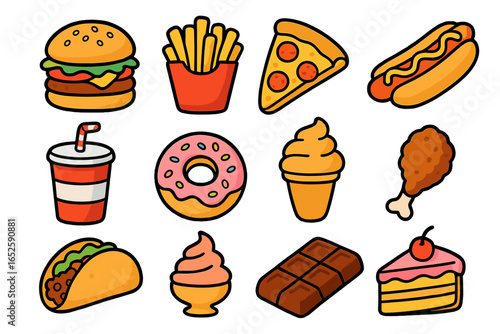 Fast food icon set. Cartoon junk food collection with burger, pizza, fries, hot dog, soda, ice cream. Vector graphic for menu, sticker. Unhealthy eating illustration.
