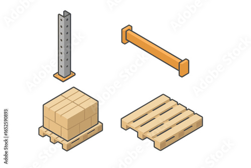 Isometric storage icons set. Warehouse logistics elements. Pallet racking system with upright frame, crossbeam, load beam. Wooden pallet with cargo boxes. Inventory management.