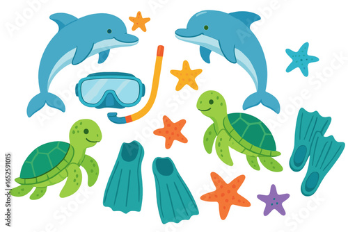 Cartoon sea life collection with dolphin, turtle, starfish. Snorkeling gear, mask, and flippers for summer vacation. Cute marine animal vector illustration set for kids.