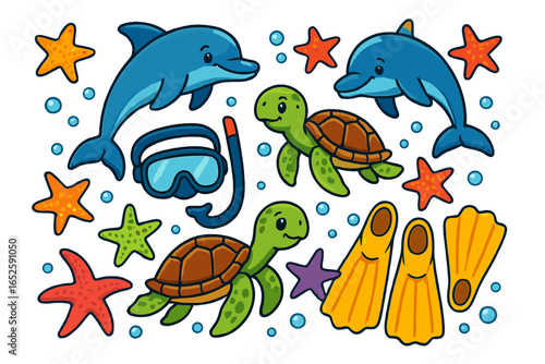 Cute cartoon set of sea animals and snorkeling gear. Dolphin, turtle, starfish, mask, and flippers. Vector illustration for summer vacation, diving, and underwater fun.