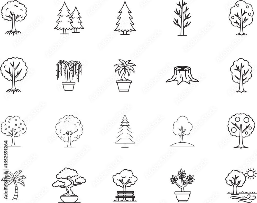 Naklejka premium Tree and Plant Variety Line Art Icon Set