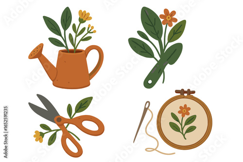 Set of hobby icons. Gardening and sewing tools collection. Watering can, trowel, scissors, embroidery hoop. Vector cartoon illustration for craft and handmade concepts.