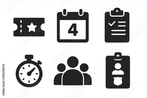 Event management solid icon set. Vector glyph symbols for planning and organization. Includes ticket, calendar date, checklist, stopwatch, crowd, and security ID badge.