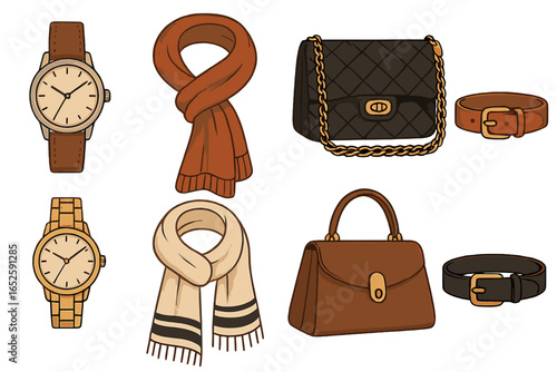 Women's fashion accessories set. Vector cartoon illustration of watch, handbag, scarf, belt. Classic elegant female items for autumn. Luxury and casual style collection.