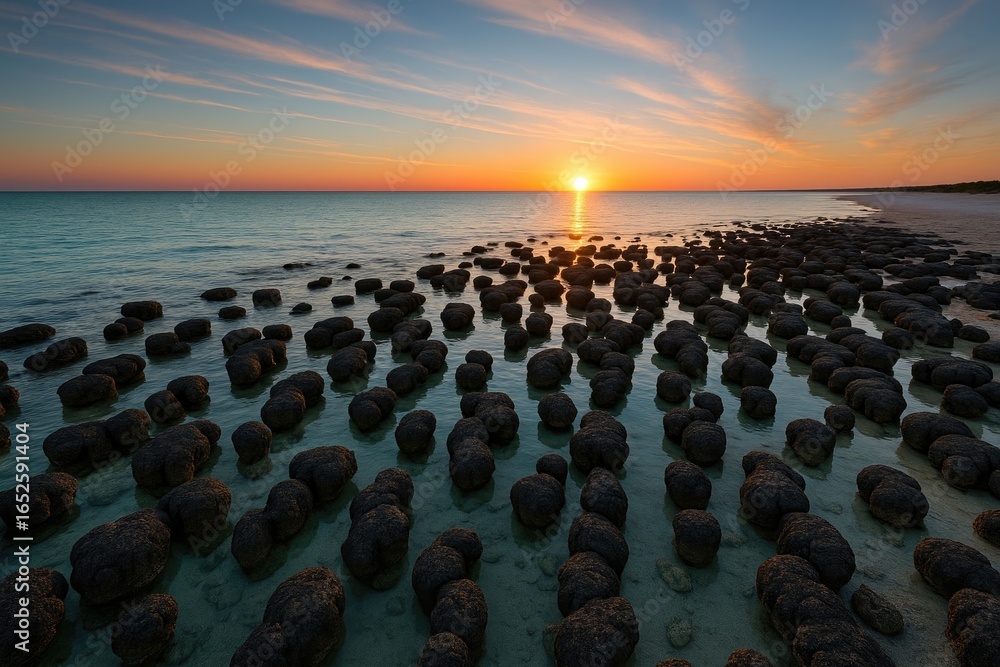 Obraz premium Beach scene featuring stromatolites during sunset