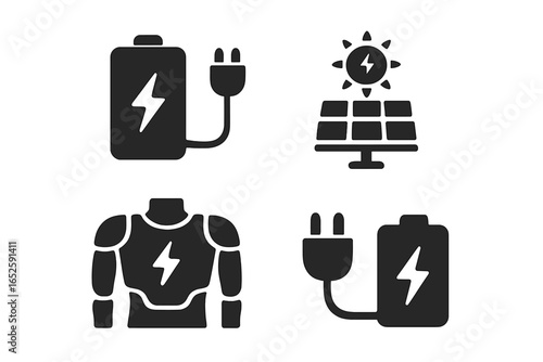 Exoskeleton power source vector icon set. Solid glyph symbols for bionic suits, robotics, and futuristic technology. Includes battery pack, charging plug, and solar panel.