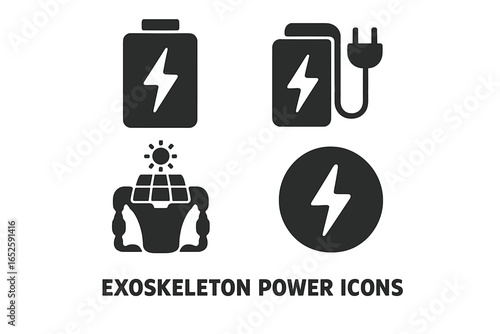 Exoskeleton power icons. Solid filled icon set of power sources for bionic suits. Battery pack, solar charger, renewable energy, electric plug for future technology. Vector.