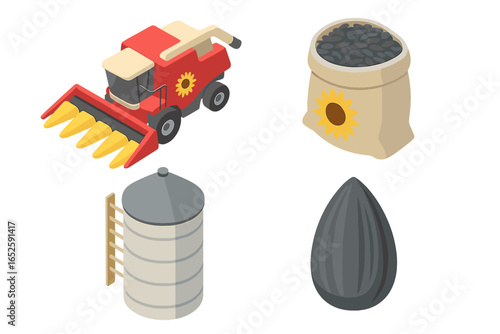 Sunflower harvest isometric icons set. Agricultural machinery, combine harvester, farm grain silo, sack with seeds, oilseed. Farming industry vector illustration.