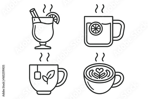 Warm beverage icon set. Hot drinks line art collection. Simple outline icons for coffee, tea, latte art, mulled wine, and hot toddy. Minimalist symbols for cafe menu.