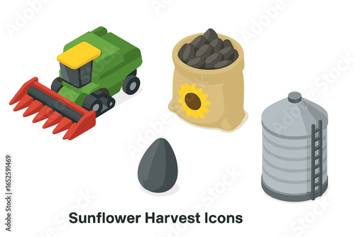 Sunflower seed harvest isometric icon set. Agricultural vector illustrations with combine harvester, seed bag, and storage silo. Farming industry, food production concept.