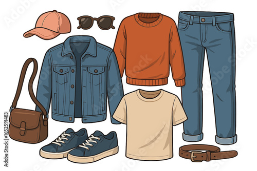 Men's casual fashion outfit set. Flat lay concept of clothes and accessories. Vector illustration of denim jacket, jeans, sweater, t-shirt, sneakers, cap, and bag.