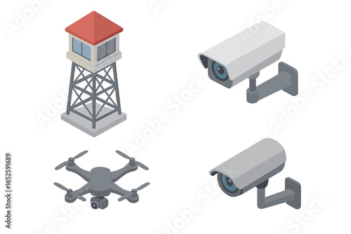 Surveillance and security system isometric icon set. Vector illustration collection with CCTV camera, observation watchtower, and aerial drone for reconnaissance and monitoring.