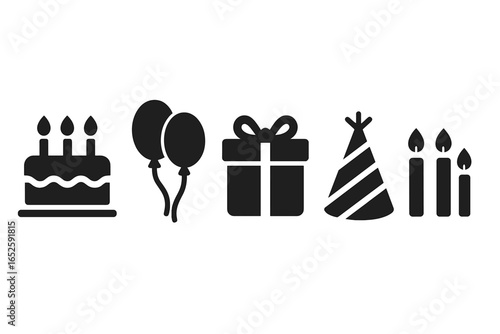 Birthday party celebration solid glyph icon set. Vector symbols for festive events. Black silhouette collection with cake, balloons, gift box, hat, and candles.