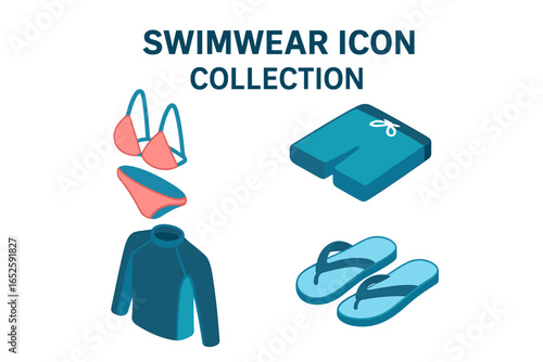 Swimwear icon collection. Isometric flat icon set of swimwear and pool attire. Bikini, swim trunks, rash guard, pool sandals. Vector illustration for summer vacation.