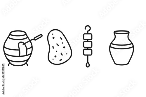 Indian food tandoori cooking icon set. Line art vector illustration for Asian cuisine. Includes tandoor clay oven, naan bread, shashlik kebab, and a traditional pot.