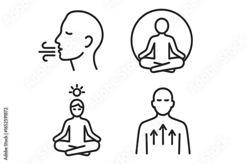 Breathing meditation line icons set. Wellness calmness symbols. Mental health concept. Yoga practice. Mindfulness outline pictogram. Breathwork exercise. Stress relief.