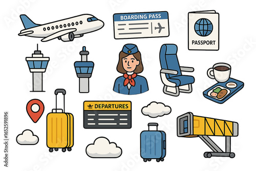 Air travel and aviation icon set. Vector cartoon collection with airplane, passport, boarding pass, luggage, flight attendant, airport tower. Flight essentials clipart.
