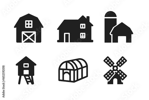 Farm building solid glyph icon set. Vector symbols of barn, farmhouse, silo, chicken coop, greenhouse, and windmill. Rural agriculture and countryside pictogram collection.