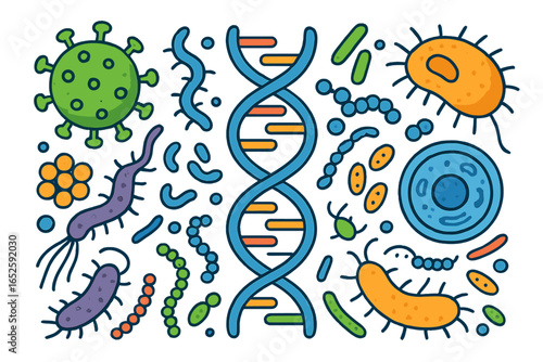 Science microbiology vector icon set with DNA, virus, and bacteria. Medical research elements like pathogen, germ, and probiotic. Flat cartoon biology illustration collection.