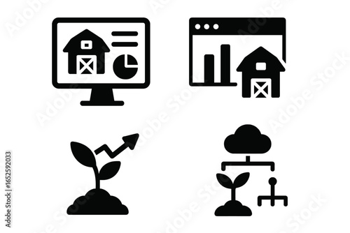 Smart farming glyph icons set. Agriculture technology, agritech business concept. Farm data analytics, crop growth chart, cloud computing, automation vector pictograms.