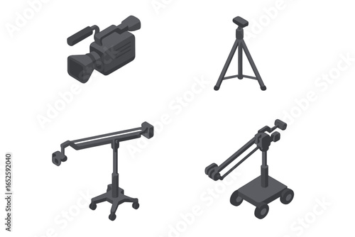 Isometric camera equipment icon set for video production. Includes broadcast camera, tripod, jib arm crane, and dolly. Professional filmmaking and cinematography gear vector.