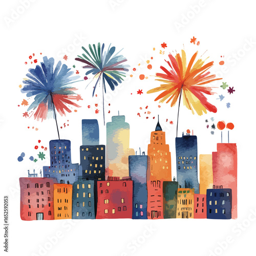 Festive Cityscape with Vibrant Fireworks Display