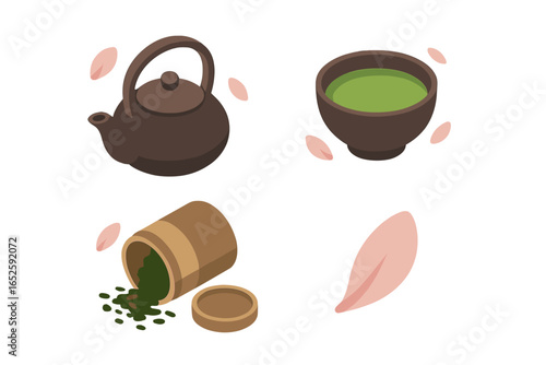 Japanese tea ceremony icon set. Isometric flat design with matcha green tea in a chawan bowl, a kyusu teapot, and falling sakura cherry blossom petals. Asian tradition.