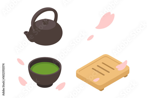 Japanese tea ceremony icon set. Isometric vector illustration of teapot, matcha tea bowl, and sakura petals. Traditional Asian culture flat design elements. Japan drink concept.