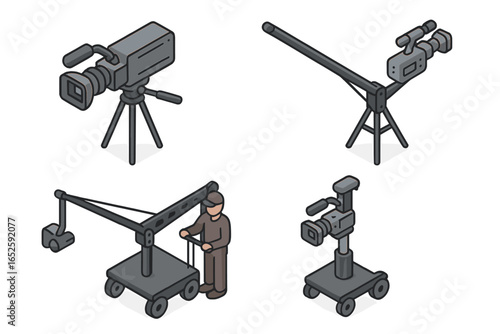 Isometric video production equipment icon set. Professional broadcast camera on tripod, filmmaker with crane, jib arm, studio dolly. TV, movie, media, cinema vector symbols.