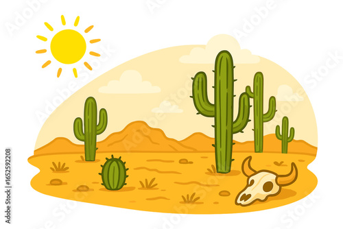 Desert landscape with cacti and animal skull. Vector cartoon illustration of a hot, arid environment. Wild west nature scenery with saguaro, sand dunes, and bright sun.