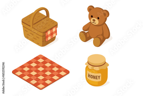 Teddy bear picnic icon set. Isometric flat design vector illustration. Cute cartoon toy bear, wicker basket, checkered blanket, and honey pot for a summer outdoor lunch.