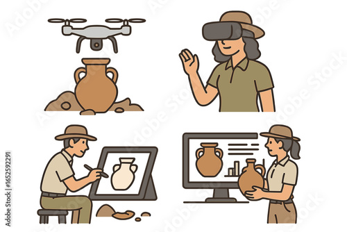 Modern archaeology vector illustration set. Archaeologist using a drone for site survey, VR glasses for exploration, and digital tools for historical research and artifact analysis.